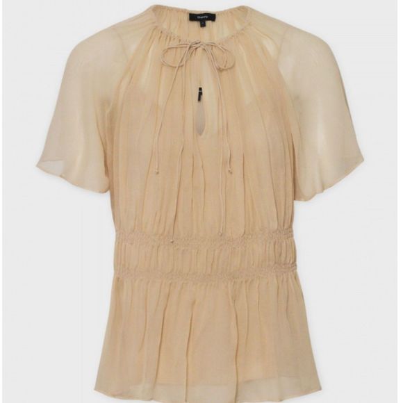 Theory Wmn Flax Tie Neck Raglan Short Sleeves Crinkled Silk Chiffon Top Sz M NWT - Picture 14 of 14